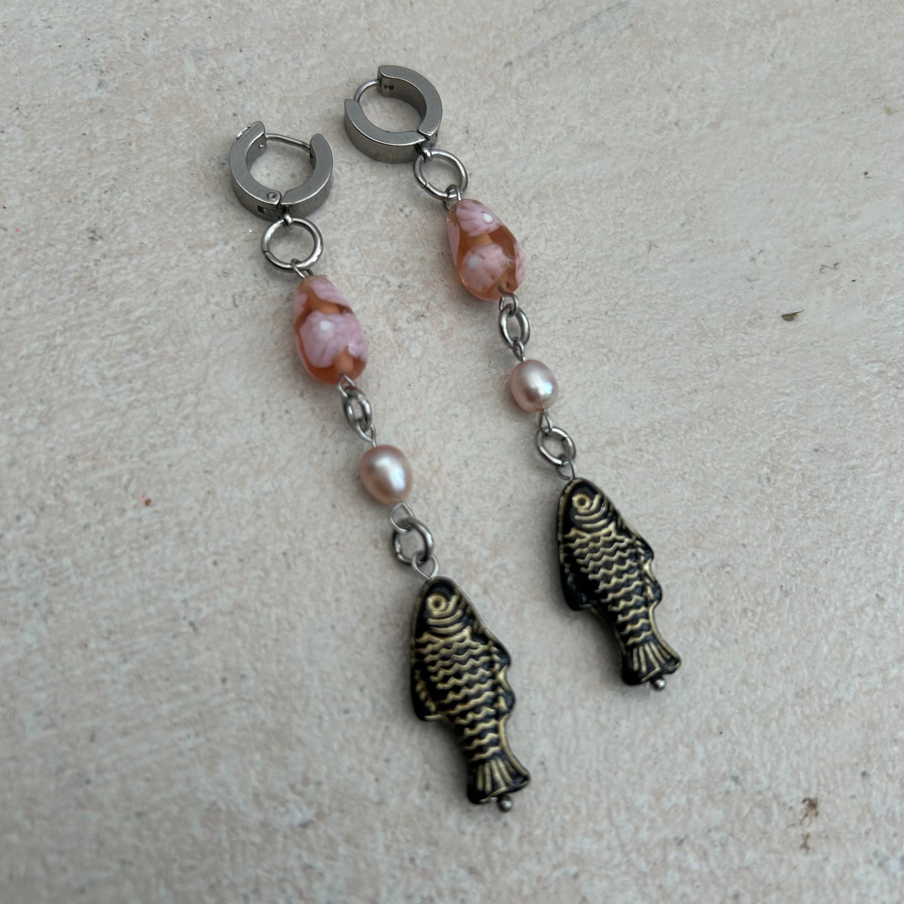 Blue glass fish freshwater pearl stainless steel earrings