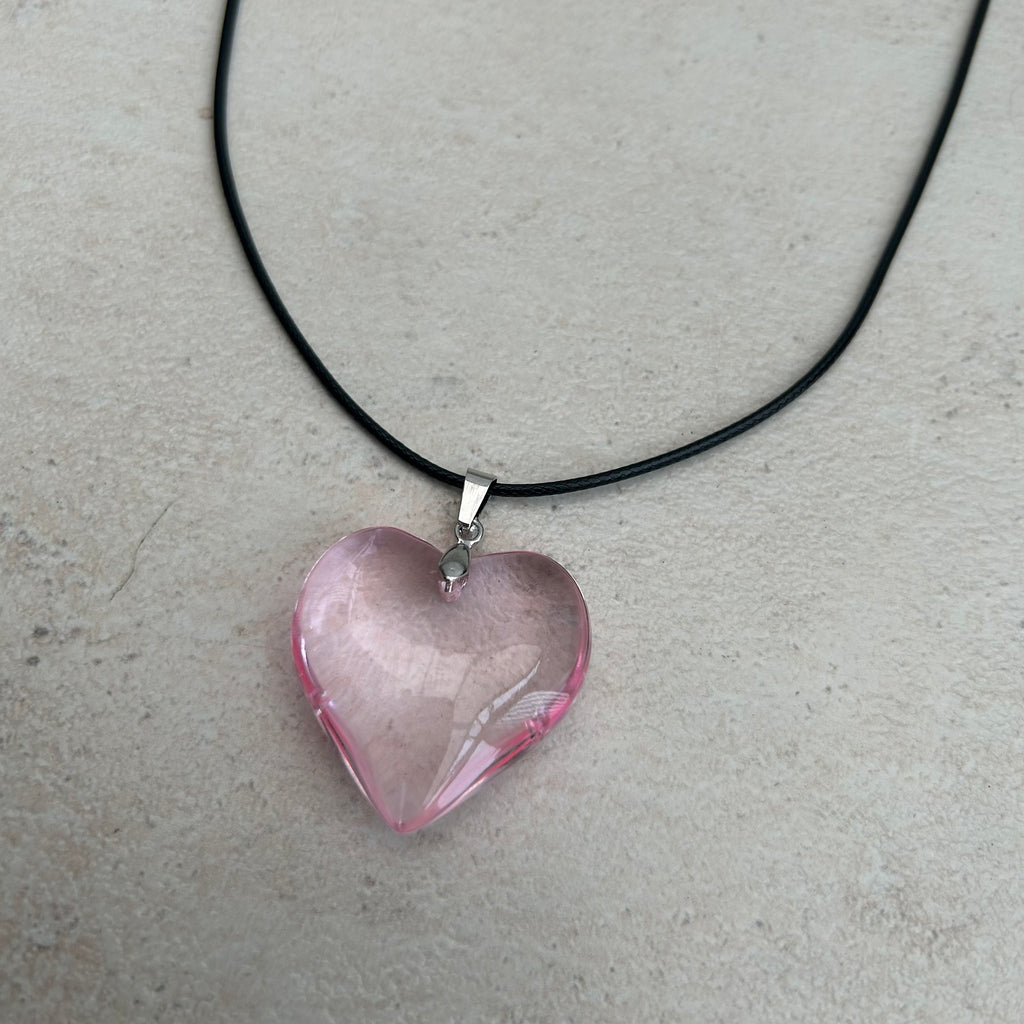 Pink heart glass pendant necklace