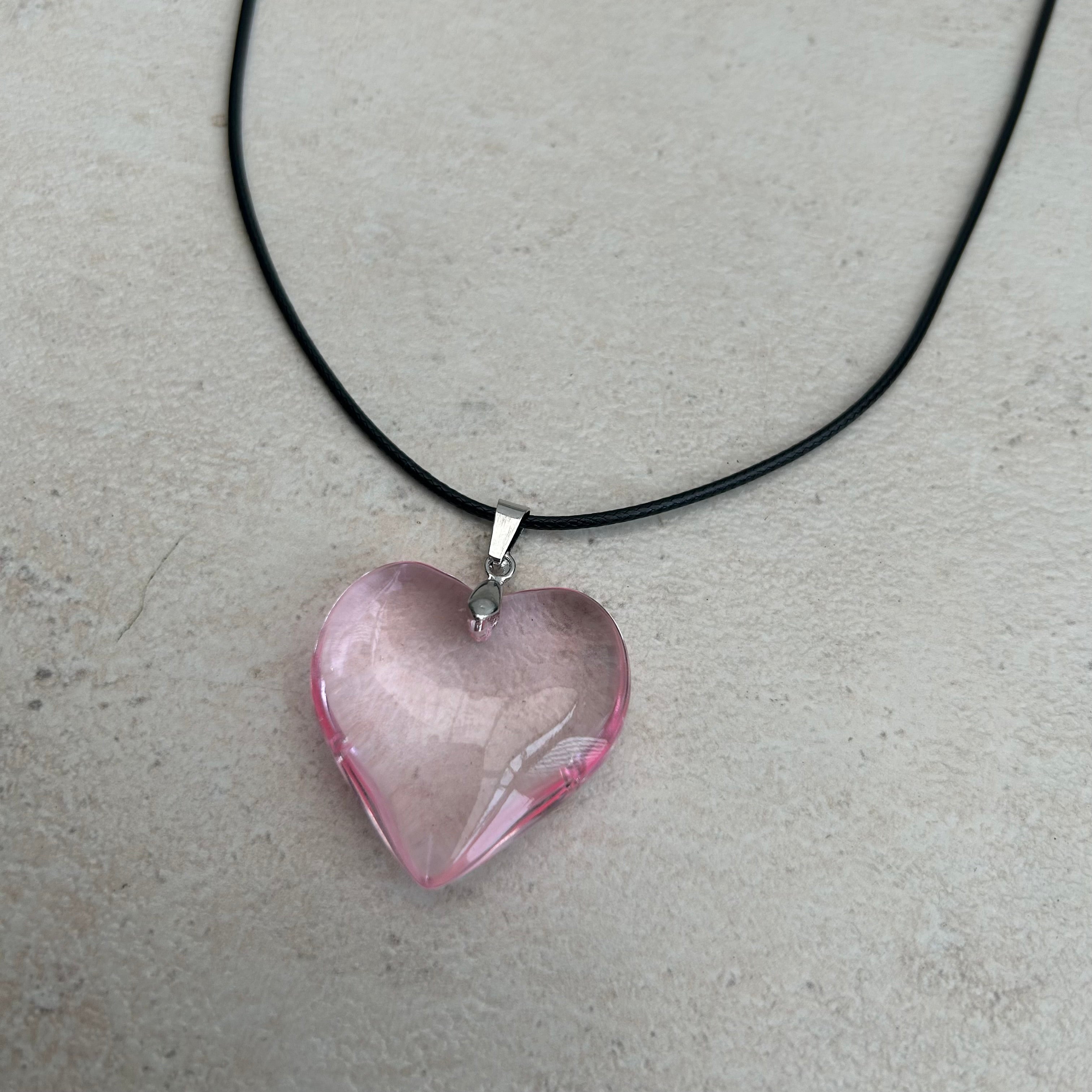 Pink heart glass pendant necklace