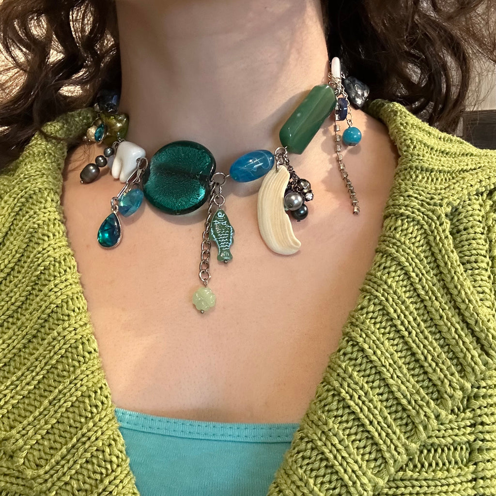 green and blue fish cluster necklace