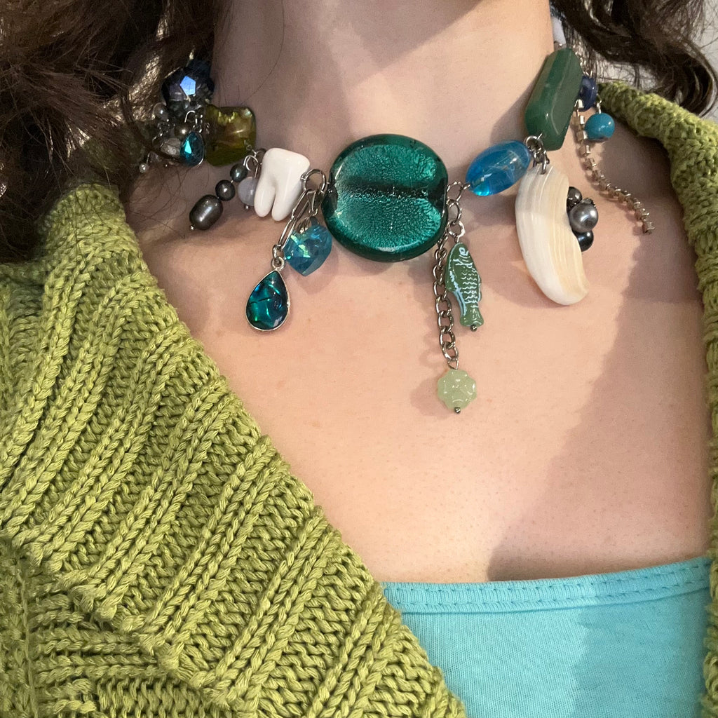 green and blue fish cluster necklace
