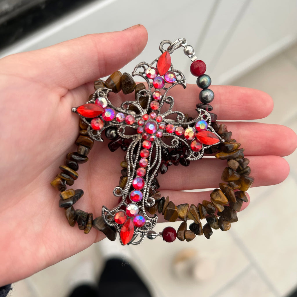 Tigers eye, garnet and freshwater pearl cross rosary inspired necklace