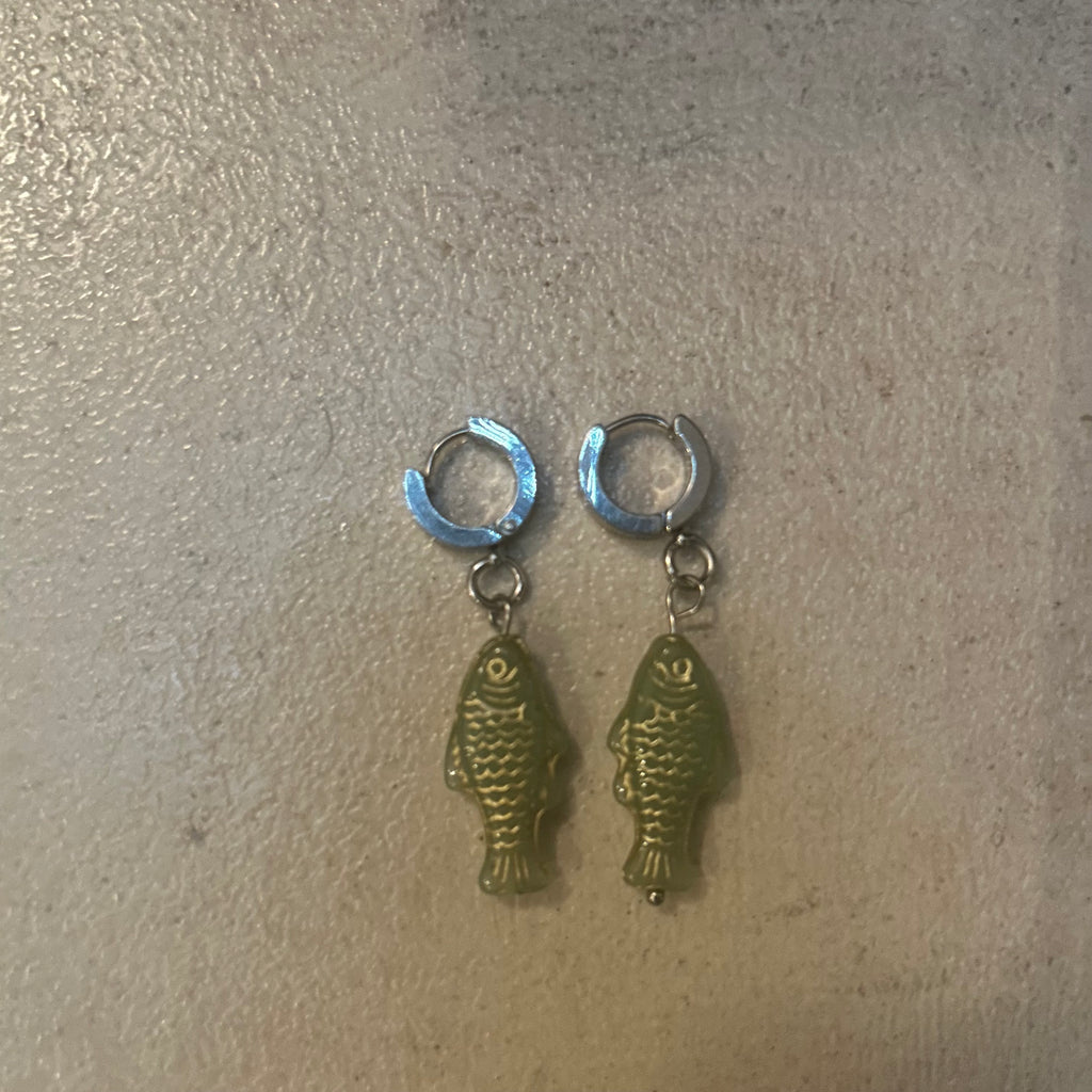 Gold on LIGHT green fish earrings