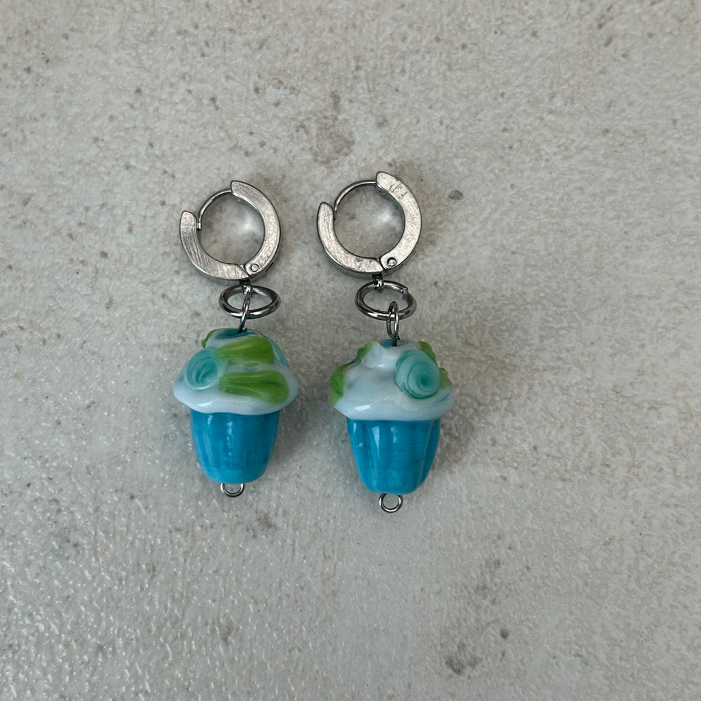 Glass lamp work cupcake stainless steel earrings