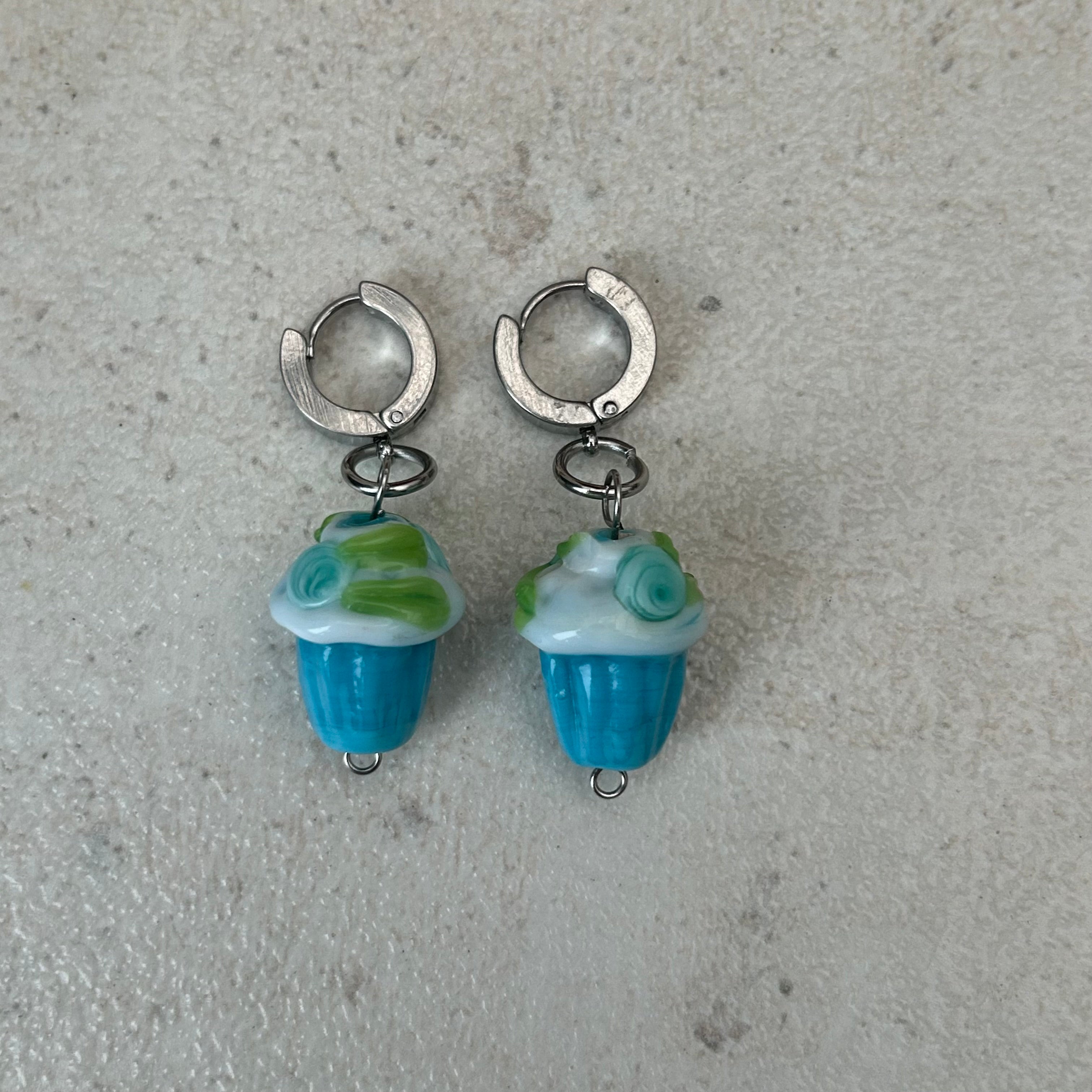 Glass lamp work cupcake stainless steel earrings