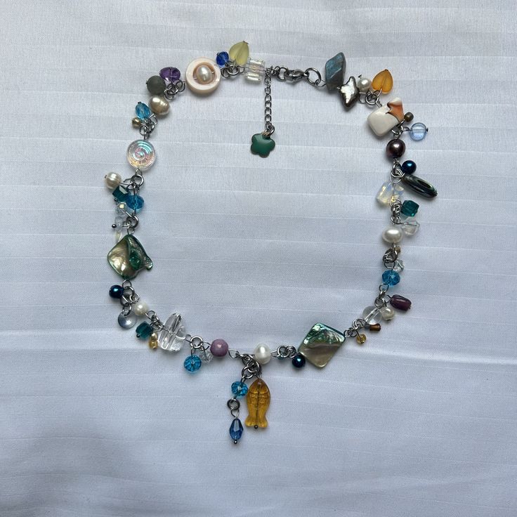 'Magda' fish charm glass beaded cluster clutter necklace