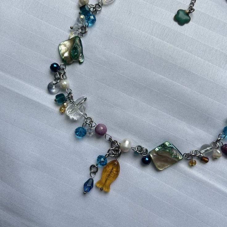 'Magda' fish charm glass beaded cluster clutter necklace
