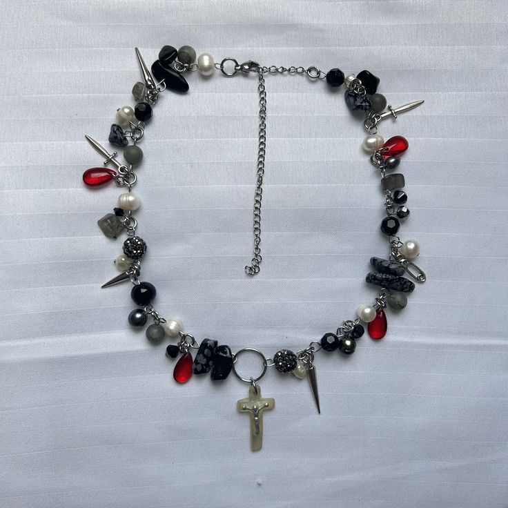 'Full of Woe' black, red and silver charm and glass cluster clutter necklace