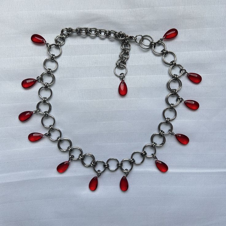 'Tears of Blood' Stainless steel chainmail silver and red glass droplet choker necklace