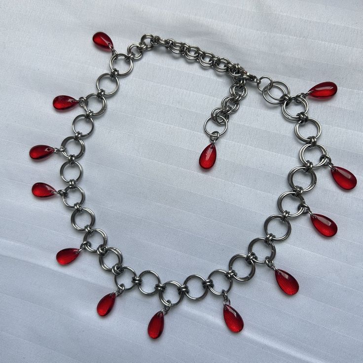 'Tears of Blood' Stainless steel chainmail silver and red glass droplet choker necklace